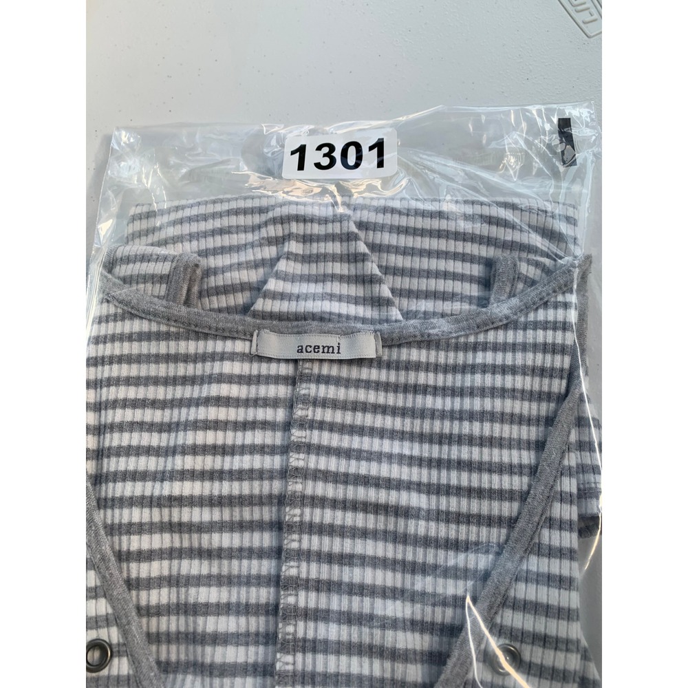 Striped Tank Top V-Neck Gray White Sleeveless Casual Cute Layered Hem Rib Knit S - Picture 8 of 9